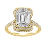 14K Yellow Gold 4 1/2Ct Ladies Emerald-Cut Hidden Halo Engagement Ring 4Ct Emerald Center Stone & Round Diamond (Color F-G -Clarity Vs1/Vs2)