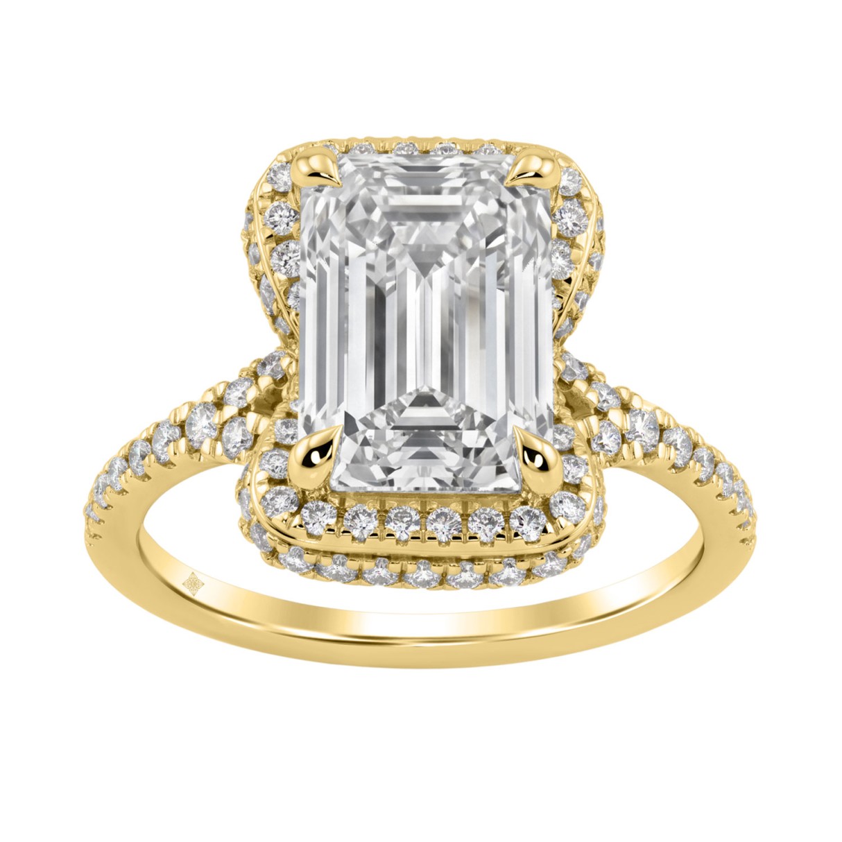 14K Yellow Gold 4 1/2Ct Ladies Emerald-Cut Hidden Halo Engagement Ring 4Ct Emerald Center Stone & Round Diamond (Color F-G -Clarity Vs1/Vs2) 1 14K Yellow Gold 4 1/2Ct Ladies Emerald-Cut Hidden Halo Engagement Ring 4Ct Emerald Center Stone & Round Diamond (Color F-G -Clarity Vs1/Vs2) - Image 1
