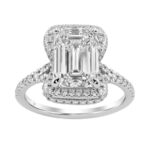 14K White Gold 4 1/2Ct Ladies Emerald-Cut Hidden Halo Engagement Ring 4Ct Emerald Center Stone & Round Diamond (Color F-G -Clarity Vs1/Vs2)