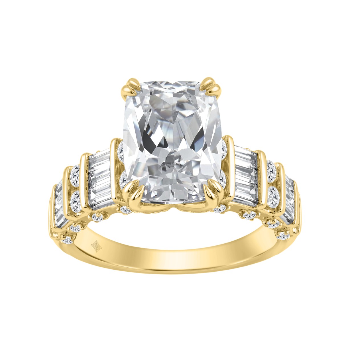 14K Yellow Gold Cushion Lab Grown Diamond Engagement Ring 5.00Ct With 4.00Ct Cushion Center Stone & Round/Baguette Side Stones (Color F-G Clarity Vs1/ 1 14K Yellow Gold Cushion Lab Grown Diamond Engagement Ring 5.00Ct With 4.00Ct Cushion Center Stone & Round/Baguette Side Stones (Color F-G Clarity Vs1/ - Image 1