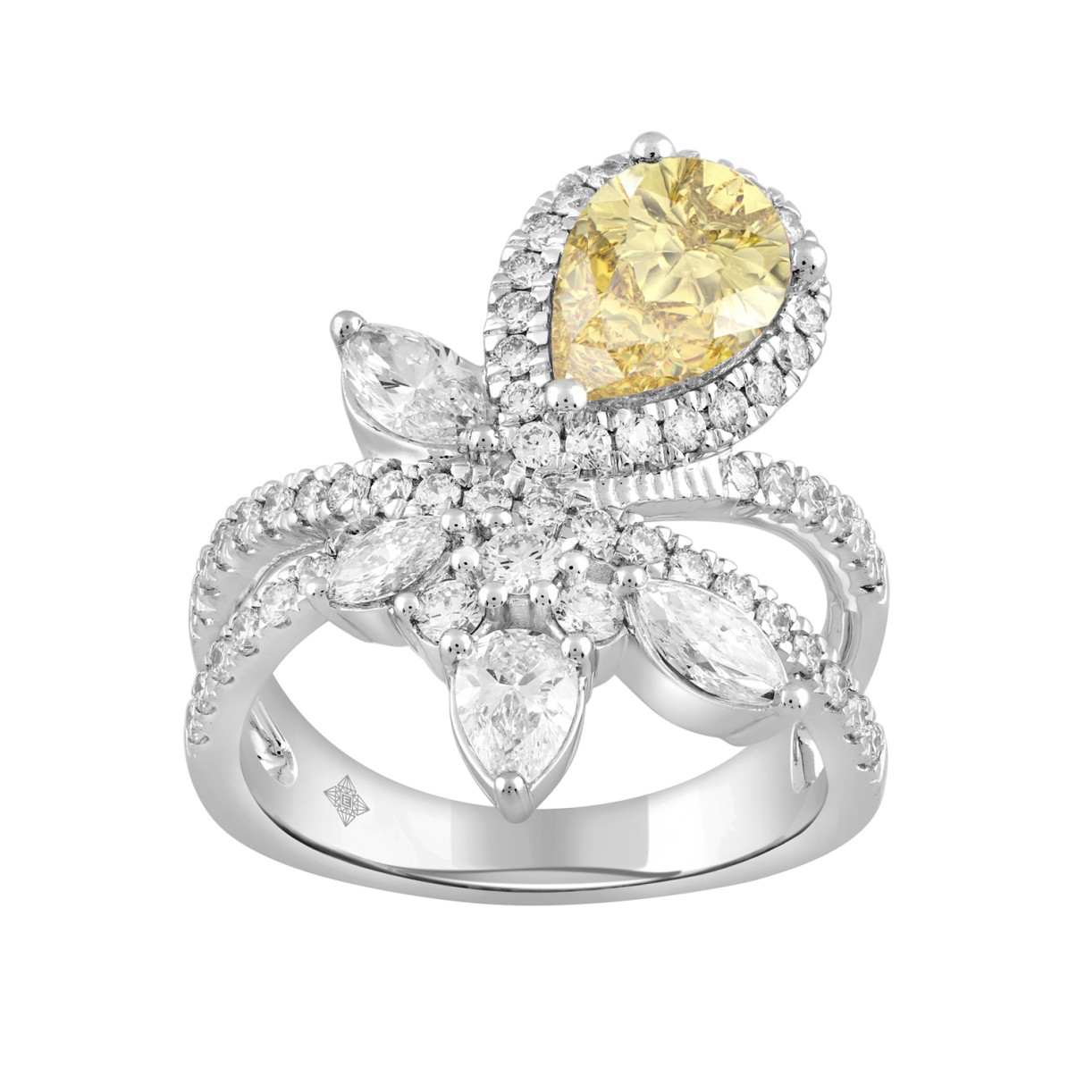 14K WHITE GOLD 3.00CT ROUND/PEAR/MARQUISE DIAMOND LADIES RING (CENTER STONE YELLOW PEAR DIAMOND 1 1/2CT) 1 14K WHITE GOLD 3.00CT ROUND/PEAR/MARQUISE DIAMOND LADIES RING (CENTER STONE YELLOW PEAR DIAMOND 1 1/2CT) - Image 1