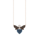 14K Rose Gold Ladies Butterfly Necklace With Colorful Diamond Accents In Blue, Dark Brown, And Round Cuts. A Stylish 0.33 Ct Jewelry Necklace