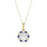 14K YELLOW GOLD 1 1/4CT ROUND/ ROUND BLUE SAPPHIRE DIAMOND LADIES PENDANT (CENTER STONE ROUND DIAMOND 1CT)
