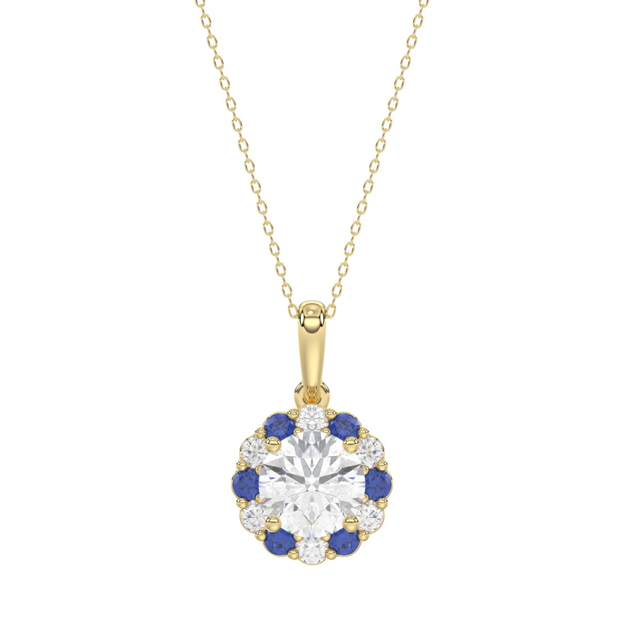 14K YELLOW GOLD 1 1/4CT ROUND/ ROUND BLUE SAPPHIRE DIAMOND LADIES PENDANT (CENTER STONE ROUND DIAMOND 1CT) 1 14K YELLOW GOLD 1 1/4CT ROUND/ ROUND BLUE SAPPHIRE DIAMOND LADIES PENDANT (CENTER STONE ROUND DIAMOND 1CT) - Image 1