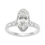 LADIES 14K White Gold 2 1/6Ct Diamond Engagement Ring Elongated Oval Cut Center With Round Side Stones, Elegant Fine Ring 2Ct Oval Center Stone (Color