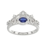 14K White Gold 0.45Ct Blue Sapphire & Round Diamond Engagement Ring For Women Oval Natural Sapphire Fashion Ring (Oval Blue Sapphire 0.30Ct)