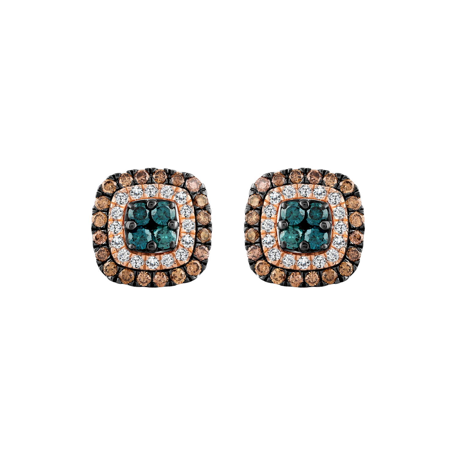 LADIES EARRINGS 1.00CT ROUND/DARK BROWN/BLUE DIAMOND 14K ROSE GOLD 1 LADIES EARRINGS 1.00CT ROUND/DARK BROWN/BLUE DIAMOND 14K ROSE GOLD - Image 1