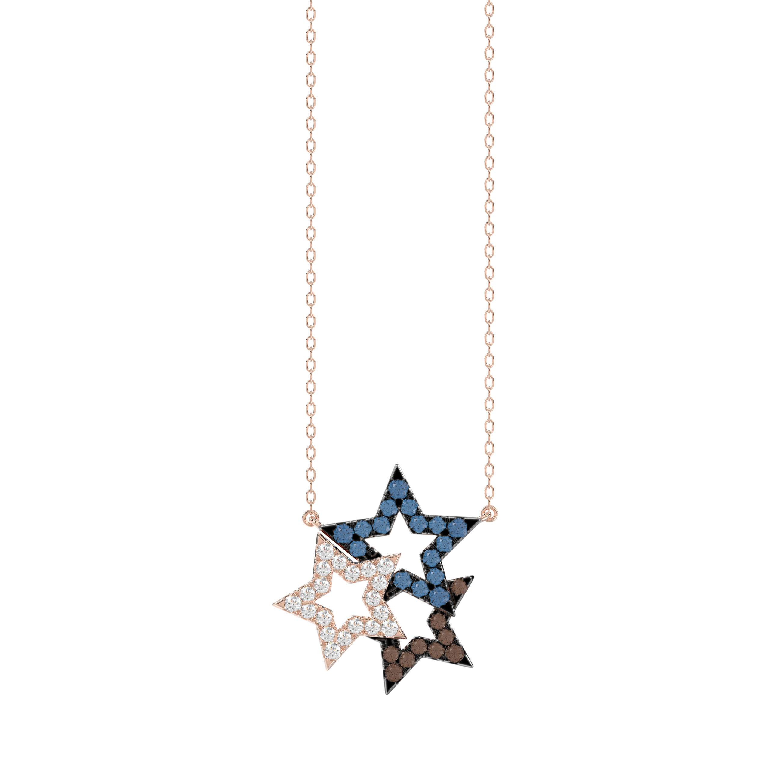Stylish 14K Rose Gold 0.25Ct Three-Star Necklace Featuring Round, Blue, And Dark Brown Diamonds. A Delicate And Meaningful Ladies Jewelry Piece With C 1 Stylish 14K Rose Gold 0.25Ct Three-Star Necklace Featuring Round, Blue, And Dark Brown Diamonds. A Delicate And Meaningful Ladies Jewelry Piece With C - Image 1
