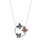 ’Elegant Ladies Butterfly Pendant With Chain 0.33Ct Round Dark Brown & 14K Rose Gold Blue Diamond Fashion Jewelry For Women