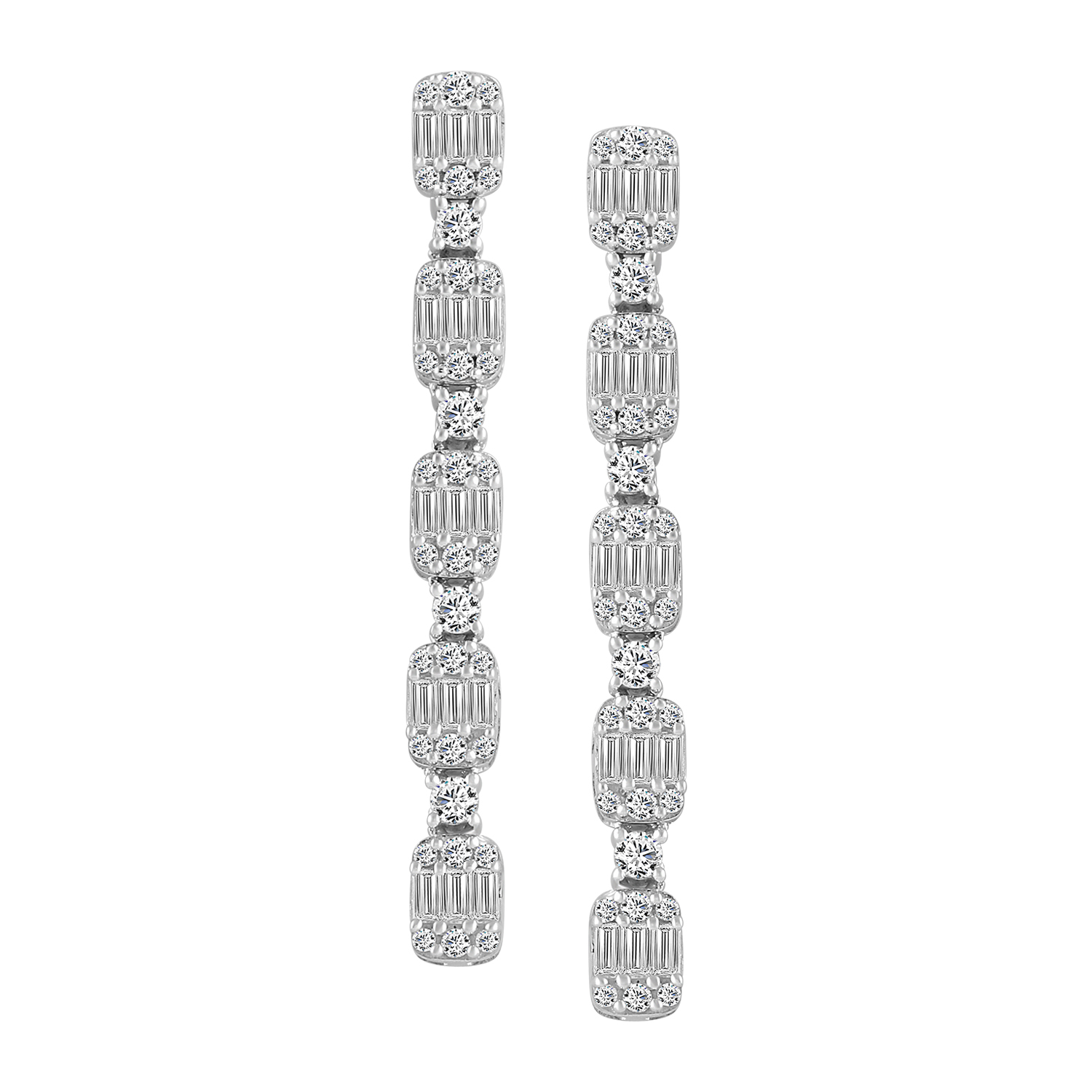LADIES LINEAR EARRINGS 1.00CT ROUND/BAGUETTE DIAMOND 14K WHITE GOLD 1 LADIES LINEAR EARRINGS 1.00CT ROUND/BAGUETTE DIAMOND 14K WHITE GOLD - Image 1