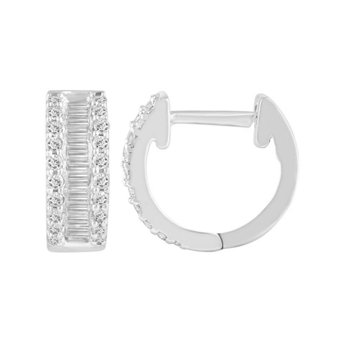 LADIES HOOPS EARRINGS 0.50CT ROUND/BAGUETTE DIAMOND 10K WHITE GOLD - Image 1