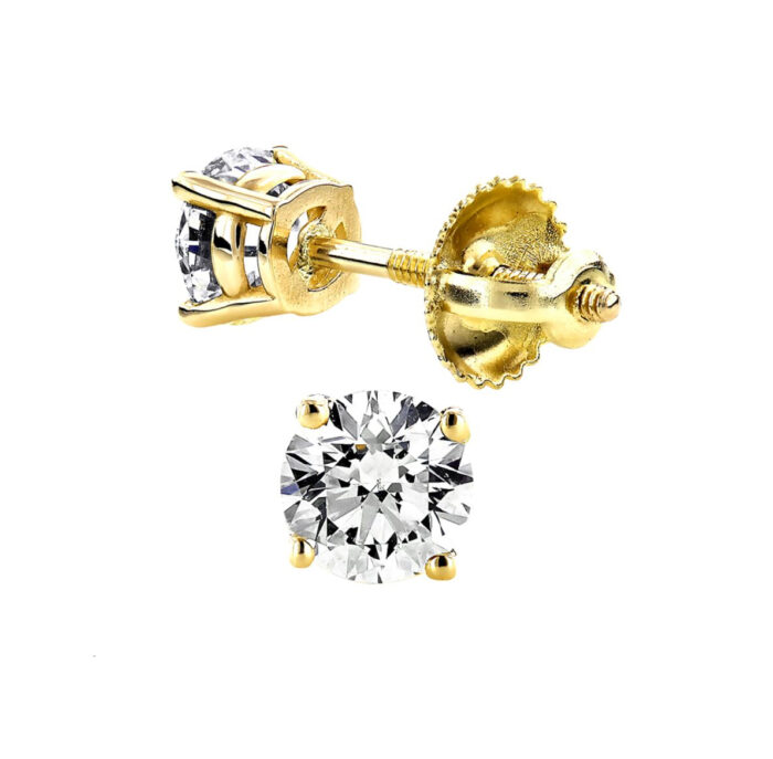 LADIES SOLITAIRE CROWN SETTING EARRINGS 1.50CT ROUND DIAMOND 14K YELLOW GOLD - Image 1