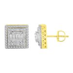 LADIES STUD EARRINGS 1.00CT ROUND/BAGUETTE DIAMOND 10K YELLOW GOLD
