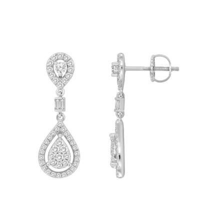 LADIES EARRINGS 0.75CT ROUND/BAGUETTE DIAMOND 14K WHITE GOLD