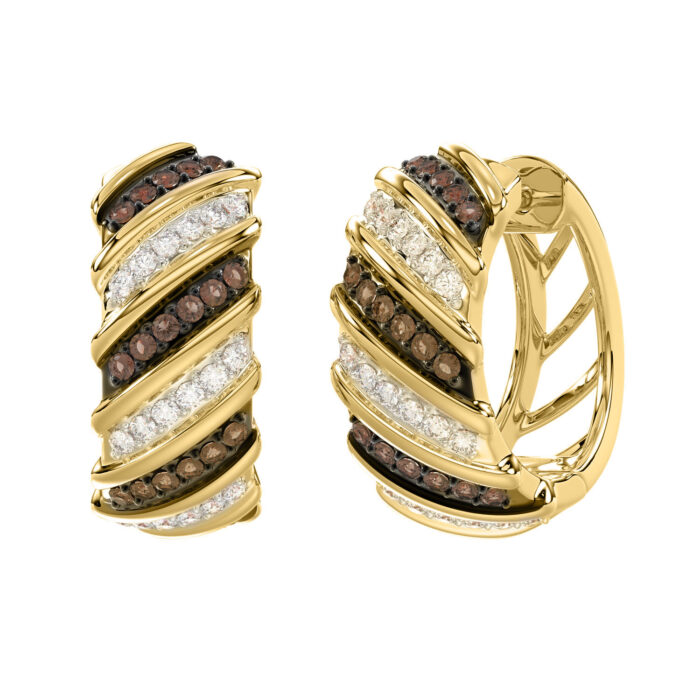 LADIES HOOPS EARRINGS 0.50CT ROUND/DARK BROWN DIAMOND 14K YELLOW GOLD - Image 1