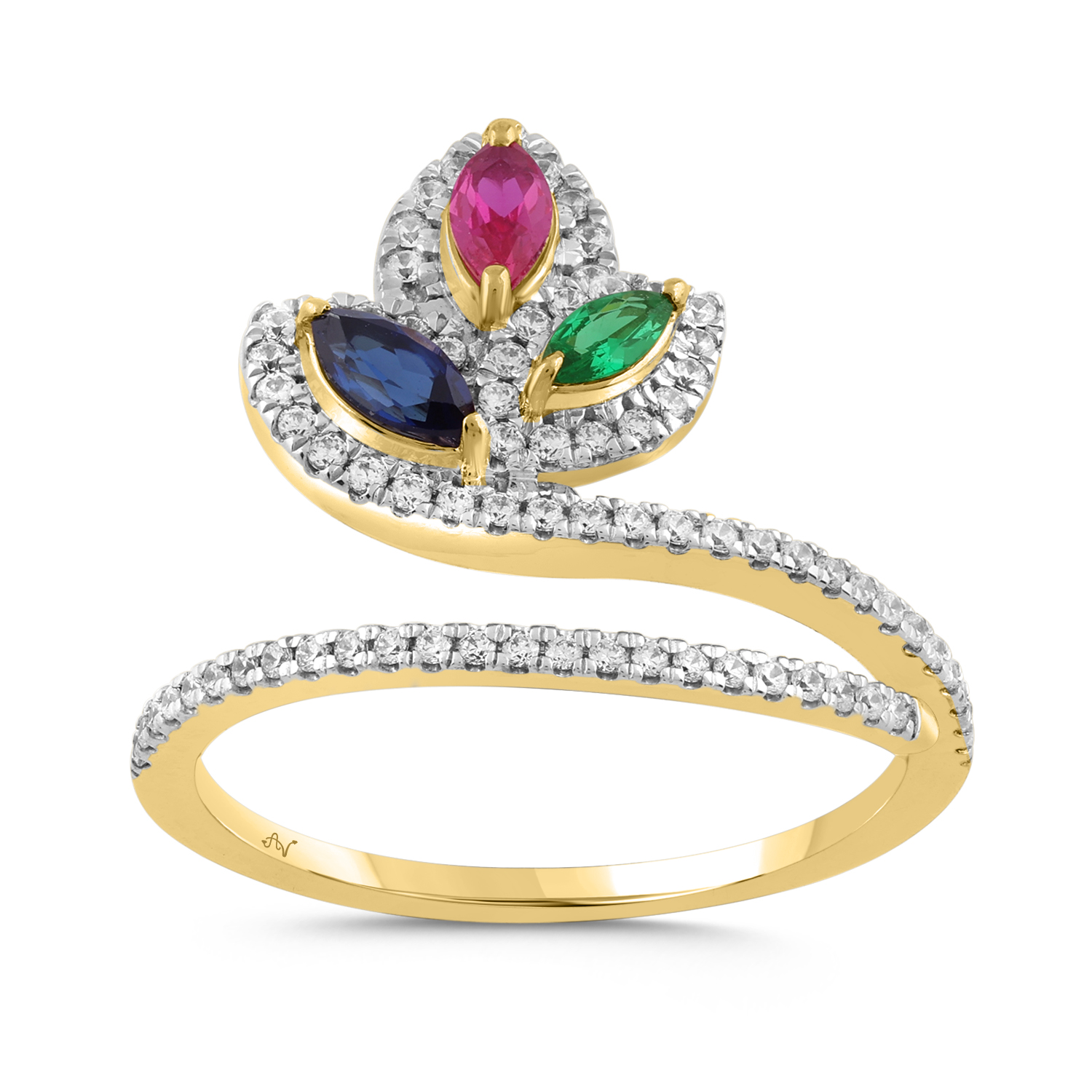 LADIES RING 0.75CT ROUND/RUBY/EMERALD SAPPHIRE 14K YELLOW GOLD (CENTER STONE 0.40CT MARQUISE SAPPHIRE RUBY EMERALD DIAMOND) 1 LADIES RING 0.75CT ROUND/RUBY/EMERALD SAPPHIRE 14K YELLOW GOLD (CENTER STONE 0.40CT MARQUISE SAPPHIRE RUBY EMERALD DIAMOND) - Image 1