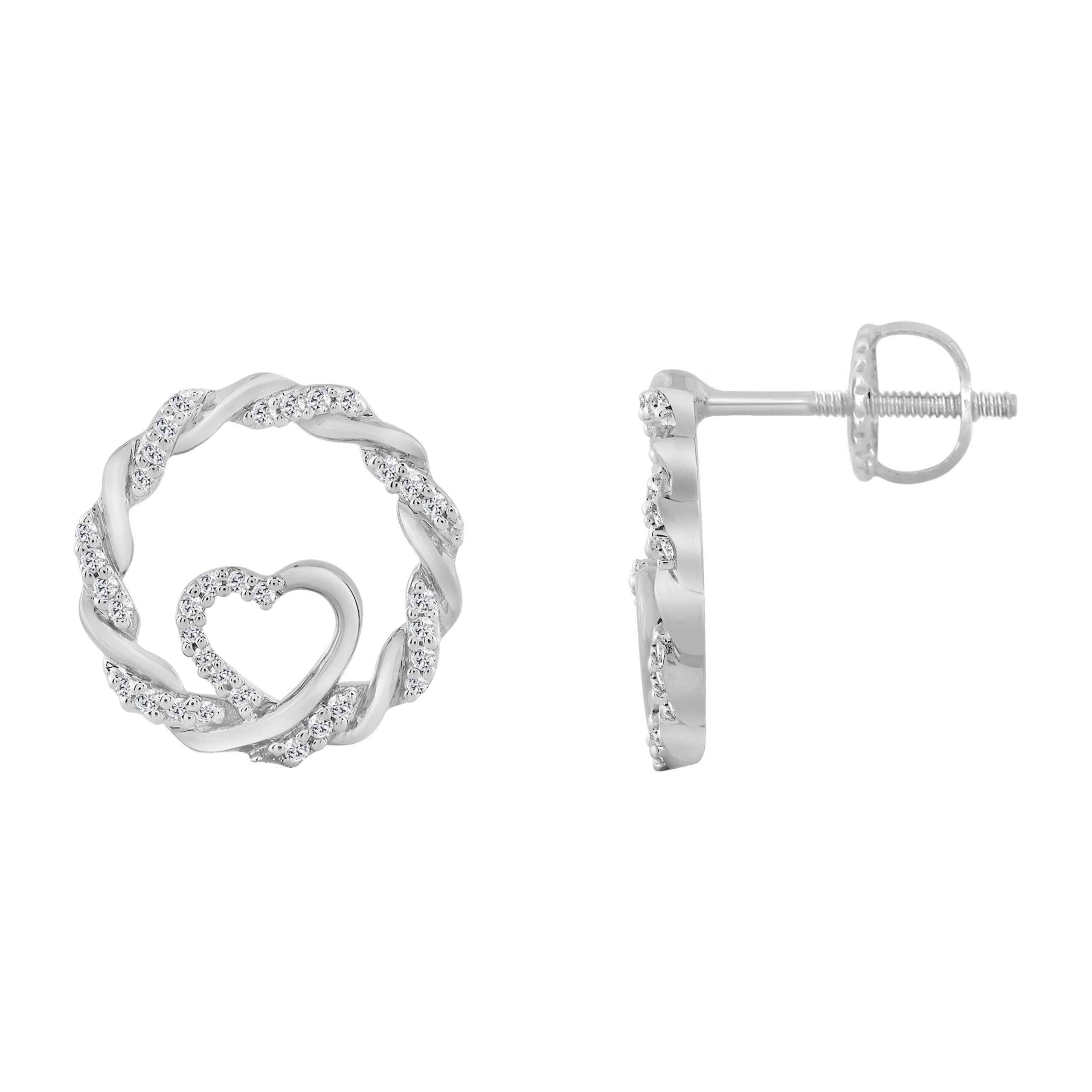 LADIES 10K WHITE GOLD 0.15CT TWISTED CIRCLE ROUND DIAMOND HEART EARRINGS 1 LADIES 10K WHITE GOLD 0.15CT TWISTED CIRCLE ROUND DIAMOND HEART EARRINGS - Image 1