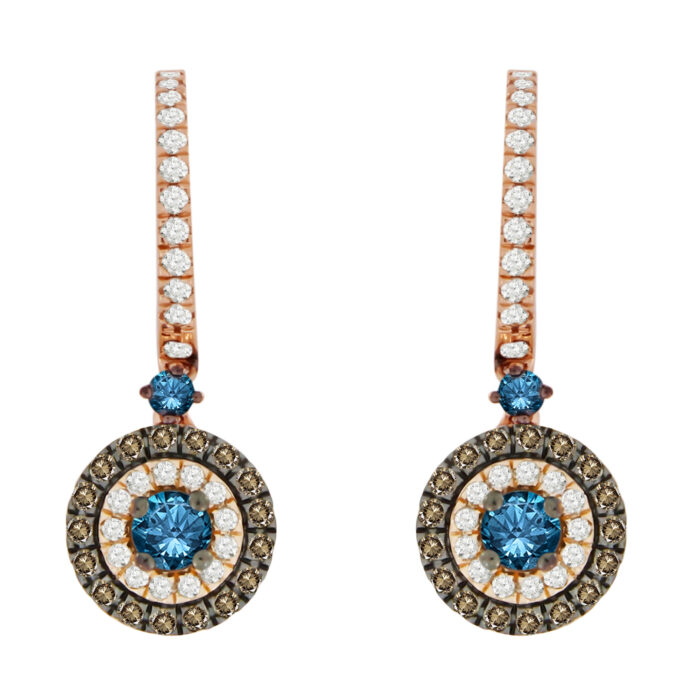 LADIES EARRINGS 1.00CT BLUE SAPPHIRE ROUND/DARK BROWN DIAMOND 14K ROSE GOLD - Image 1