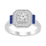 LADIES RING 1CT ROUND/PRINCESS BLUE SAPPHIRE DIAMOND 14K WHITE GOLD (CENTER STONE ROUND DIAMOND 1/6CT )