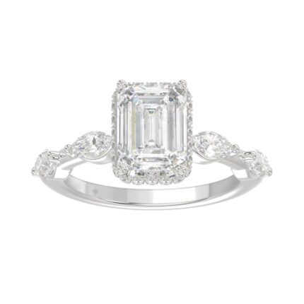 LADIES RING 3.50CT ROUND/MARQUISE/EMERALD DIAMOND 14K WHITE GOLD (CENTER STONE EMERALD DIAMOND 3.00CT)
