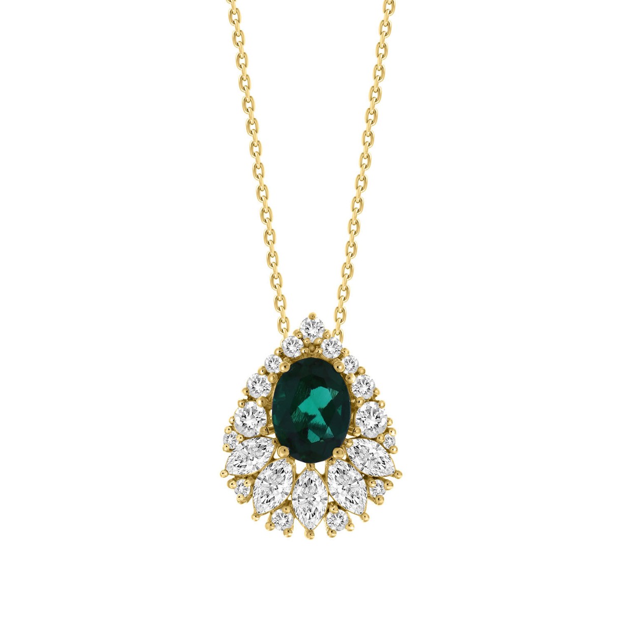 14K YELLOW GOLD 1.00CT ROUND/MARQUISE/OVAL DIAMOND LADIES PENDANT WITH CHAIN (CENTER STONE EMERALD OVAL DIAMOND 1 1/4CT) 1 14K YELLOW GOLD 1.00CT ROUND/MARQUISE/OVAL DIAMOND LADIES PENDANT WITH CHAIN (CENTER STONE EMERALD OVAL DIAMOND 1 1/4CT) - Image 1