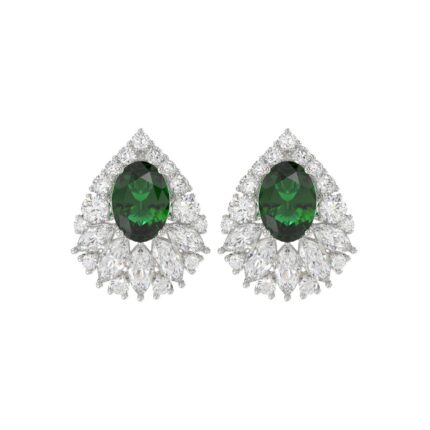 LADIES EARRINGS 4.50CT ROUND/MARQUISE/OVAL DIAMOND 14K WHITE GOLD (CENTER STONE GREEN EMERALD OVAL DIAMOND 2 1/2CT)