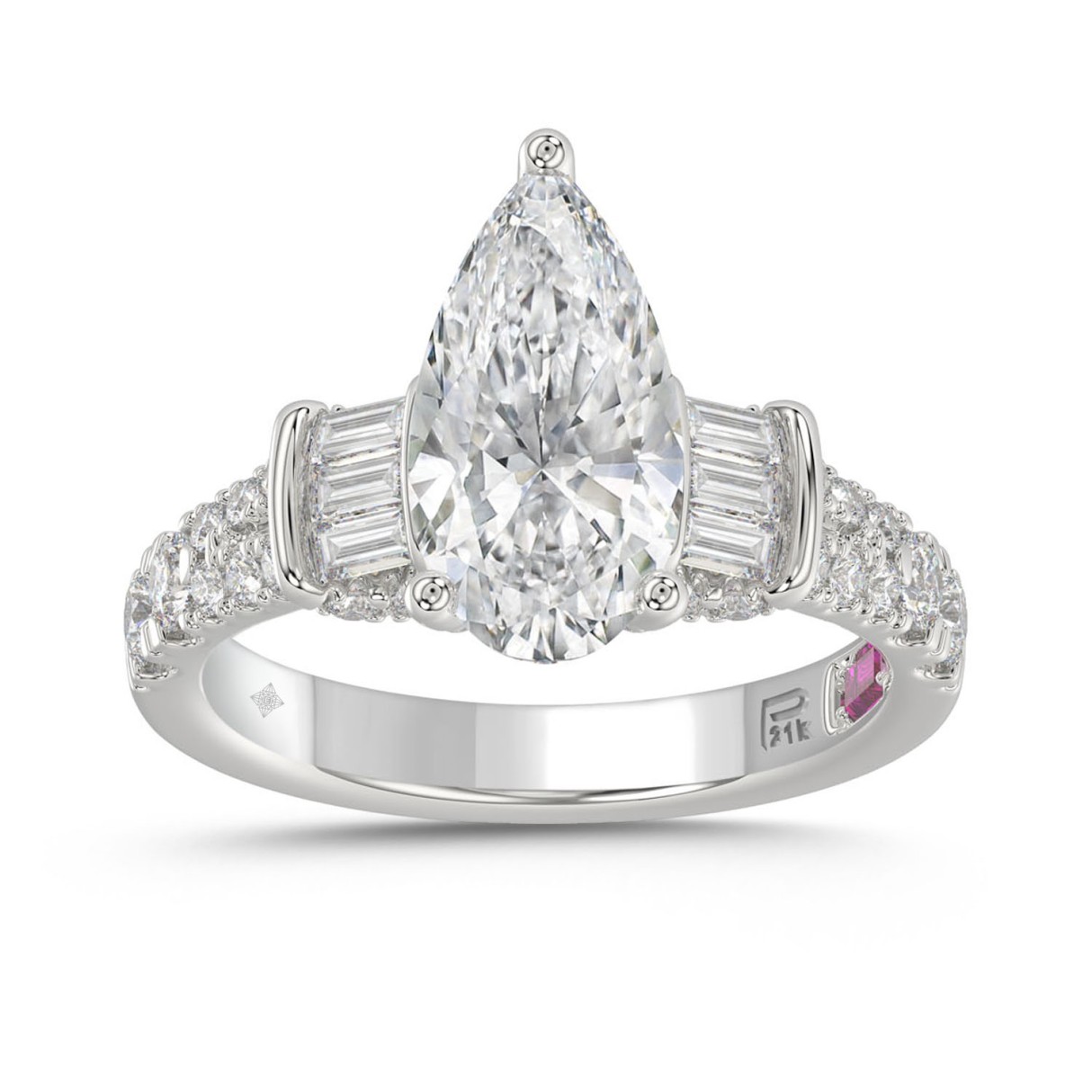 21K PLATINUM LADIES RING 2 3/4CT ROUND/PEAR/BAGUETTE DIAMOND (CENTER STONE PEAR DIAMOND 2CT) 1 21K PLATINUM LADIES RING 2 3/4CT ROUND/PEAR/BAGUETTE DIAMOND (CENTER STONE PEAR DIAMOND 2CT) - Image 1