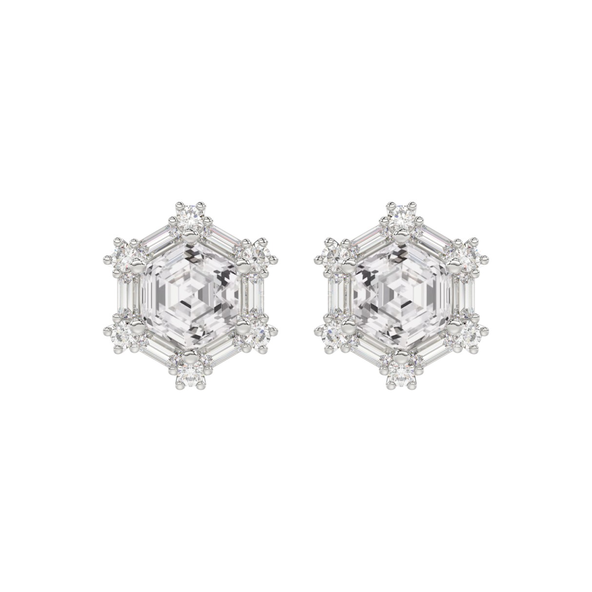 14K WHITE GOLD 1 1/4CT ROUND/BAGUETTE/HEZAGON STEP CUT DIAMOND LADIES EARRINGS 1 14K WHITE GOLD 1 1/4CT ROUND/BAGUETTE/HEZAGON STEP CUT DIAMOND LADIES EARRINGS - Image 1