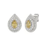 14K WHITE GOLD CRAFTED WITH 18K YELLOW GOLD BACK PLATE 3 1/4CT ROUND/YELLOW PEAR DIAMOND LADIES EARRINGS - Image 3