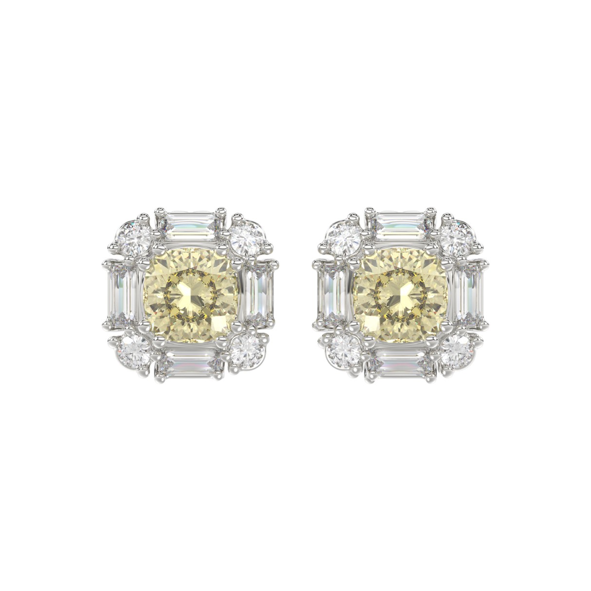 14K WHITE GOLD CRAFTED WITH 18K YELLOW GOLD BACK PLATE 1 1/3CT ROUND/BAGUETTE/YELLOW CUSHION DIAMOND LADIES EARRINGS 1 14K WHITE GOLD CRAFTED WITH 18K YELLOW GOLD BACK PLATE 1 1/3CT ROUND/BAGUETTE/YELLOW CUSHION DIAMOND LADIES EARRINGS - Image 1