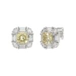 14K WHITE GOLD CRAFTED WITH 18K YELLOW GOLD BACK PLATE 1 1/3CT ROUND/BAGUETTE/YELLOW CUSHION DIAMOND LADIES EARRINGS - Image 3