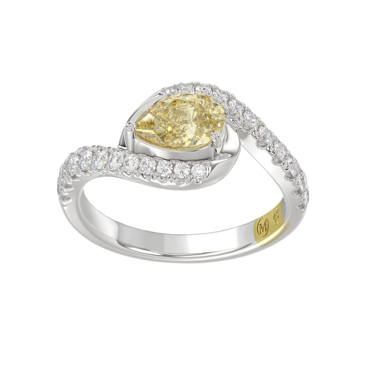 14K WHITE GOLD CRAFTED WITH 18K YELLOW GOLD SHANK 1 1/2CT ROUND/YELLOW PEAR DIAMOND LADIES RING 1 14K WHITE GOLD CRAFTED WITH 18K YELLOW GOLD SHANK 1 1/2CT ROUND/YELLOW PEAR DIAMOND LADIES RING - Image 1