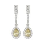 14K WHITE GOLD CRAFTED WITH 18K YELLOW GOLD BACK PLATE 1 1/2CT ROUND/YELLOW PEAR  DIAMOND LADIES EARRINGS