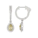 14K WHITE GOLD CRAFTED WITH 18K YELLOW GOLD BACK PLATE 1 1/2CT ROUND/YELLOW PEAR  DIAMOND LADIES EARRINGS - Image 2