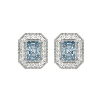 14K WHITE GOLD CRAFTED WITH 18K YELLOW GOLD BACK PLATE 1 1/4CT ROUND/BLUE EMERALD DIAMOND LADIES EARRINGS