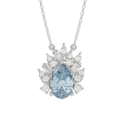 14K WHITE GOLD CRAFTED WITH 18K YELLOW GOLD BACK PLATE 1 1/4CT ROUND/BLUE PEAR/BAGUETTE DIAMOND LADIES NECKLACE WITH CHAIN