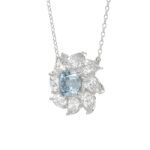 14K WHITE GOLD CRAFTED WITH 18K YELLOW GOLD BACK PLATE 2CT PEAR/BLUE CUSHION DIAMOND LADIES NECKLACE WITH CHAIN - Image 3
