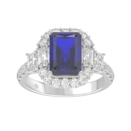 14K WHITE GOLD 4 1/2CT ROUND/EMERALD DIAMOND LADIES RING (CENTER STONE EMERALD BLUE SAPPHIRE DIAMOND 3CT)