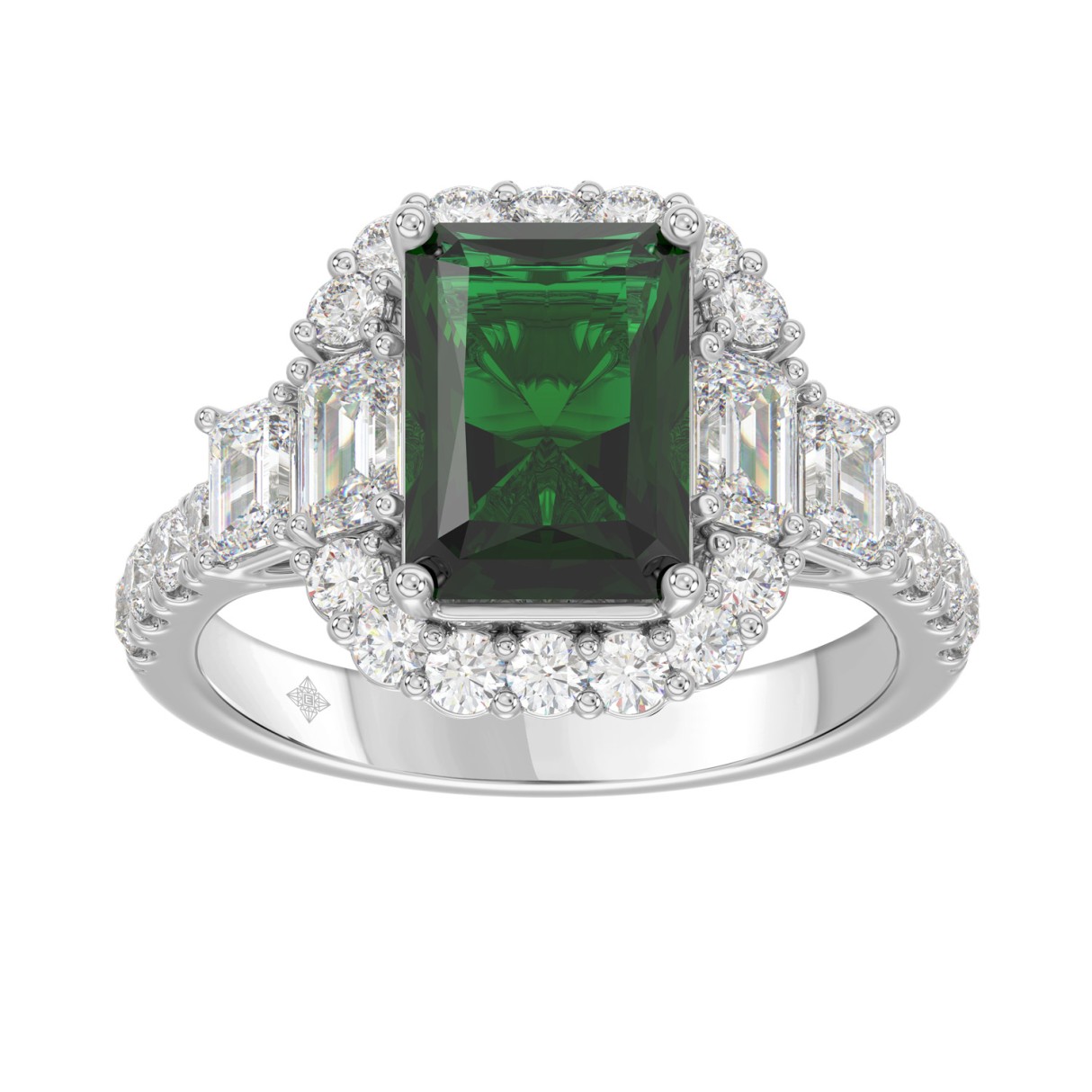 14K WHITE GOLD 4 1/2CT ROUND/EMERALD DIAMOND LADIES RING (CENTER STONE GREEN EMERALD DIAMOND 3CT) 1 14K WHITE GOLD 4 1/2CT ROUND/EMERALD DIAMOND LADIES RING (CENTER STONE GREEN EMERALD DIAMOND 3CT) - Image 1